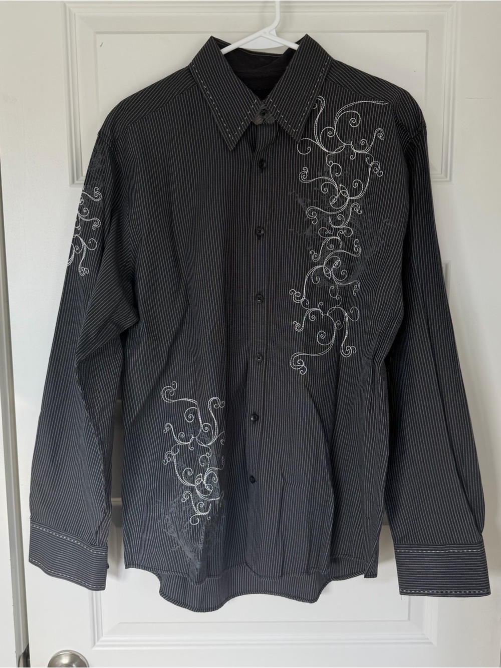 Cultura Embroidered Pinstripe Button-Up Shirt - Black with White Swirls